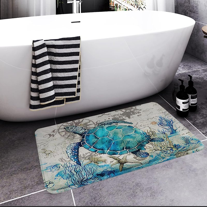 Britimes Bath Mat for Bathroom, Blue Turtle Washable Cover Floor Rug Carpets Floor Mat Bathroom Decorations 16x24 Inches for Kitchen Bedroom Indoor - Image 2